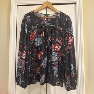 LOFT Black Floral Long-Sleeve Peasant Blouse with Red & Light Blue Flowers